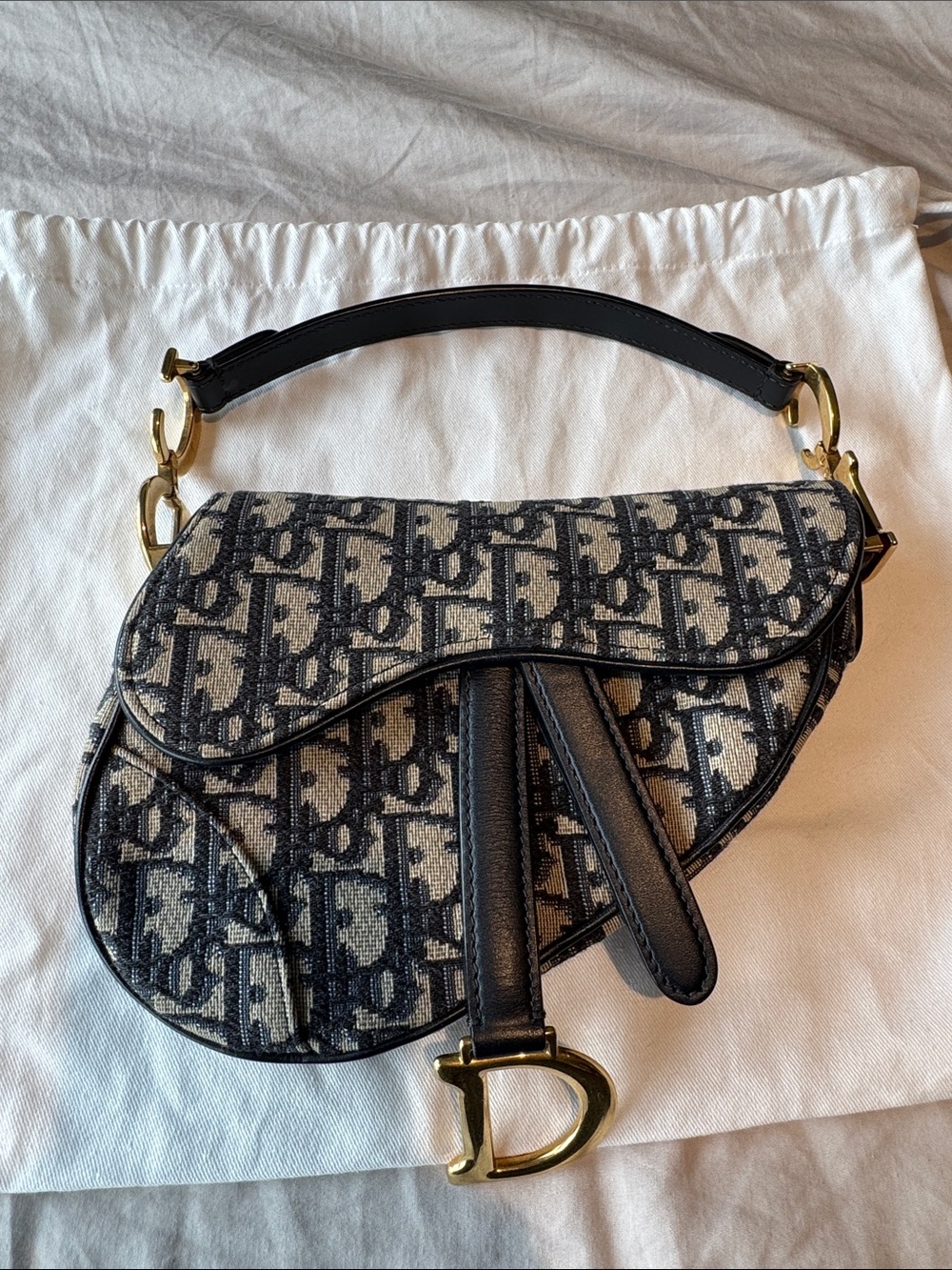 Dior Oblique Navy and Beige Saddle Shoulder Bag with Gold Hardware